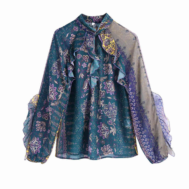 Vintage Women Chiffon Ruffles Shirts Fashion Ladies O-Neck Loose Tops Causal Female Boho Print Patchwork Blouses 210430