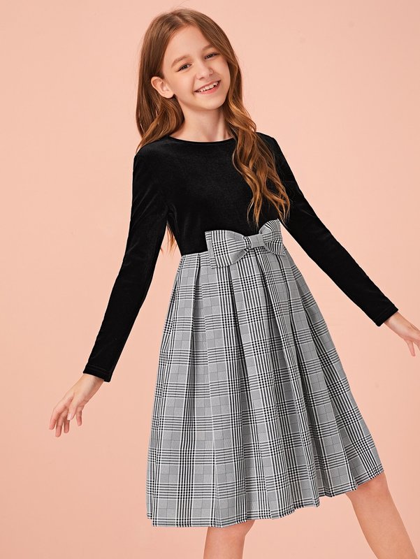 Girls Velvet Bodice Bow Detail Plaid Combo Dress SHE