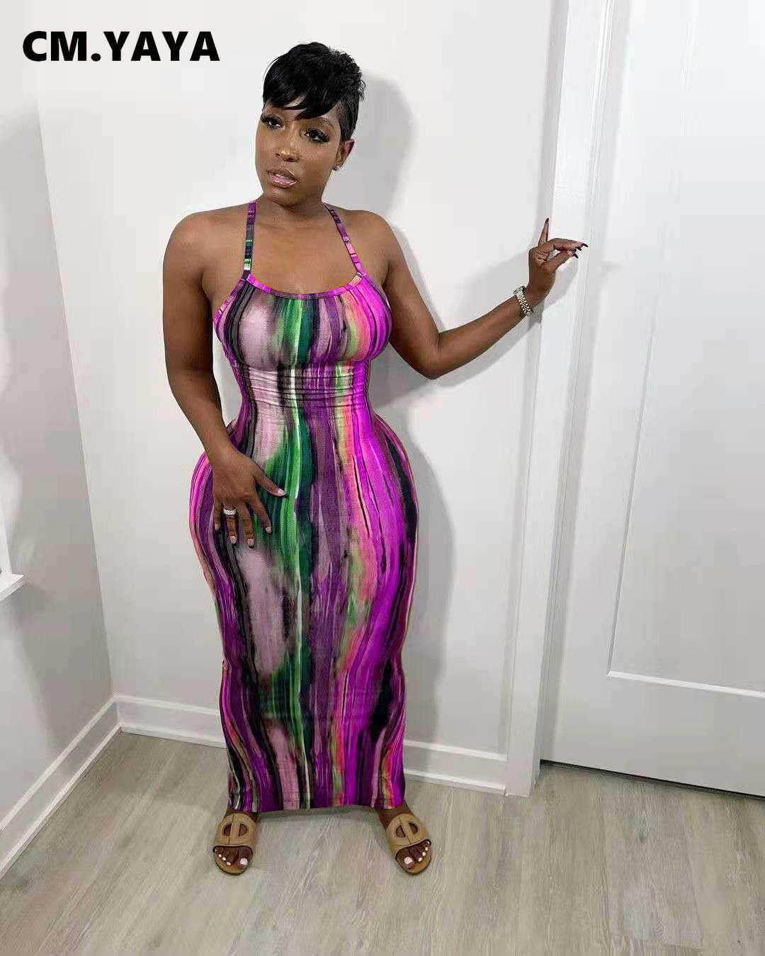 CM.YAYA Tie Dye Print Halter Open Back Maxi Dress For Women Bodycon Sleeveless Splited Pencil Midi Long Dresses Summer 210623