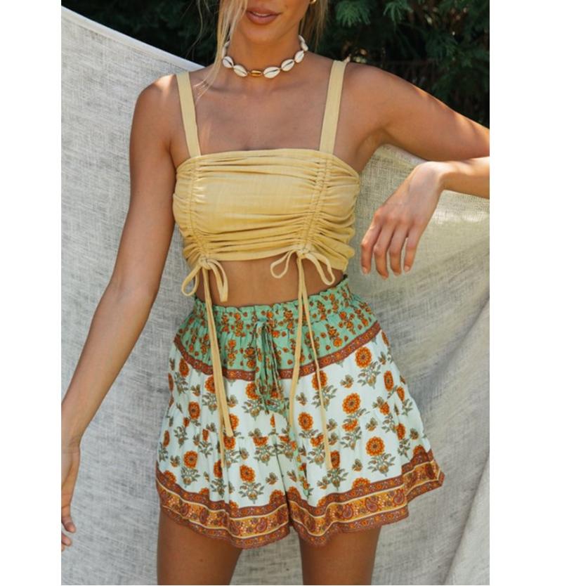 Summer Sexy Boho Set Crop Top With High Waist Short Womens Sleeveless Slim Print Loose Shorts Female Clothes White Yellow Women's Tracksuits