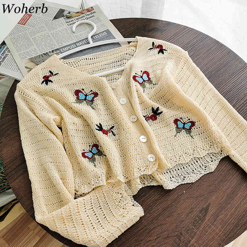 Elegant Summer Thin Holloe Out Cardigans Sweater Women V Neck Butterfly Embroidery Cropped Tops Lady Knitted Capes 210519