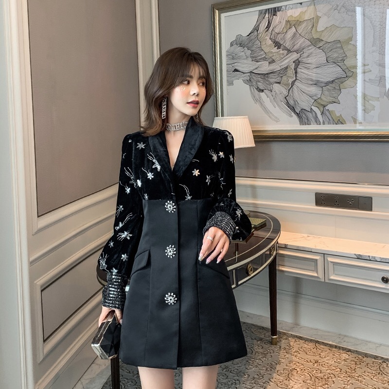Autunm Winter Fashion Embroidery Pactwork Single Breasted Lantern Sleeve Mini Dress Notched Casual Blazers 210421
