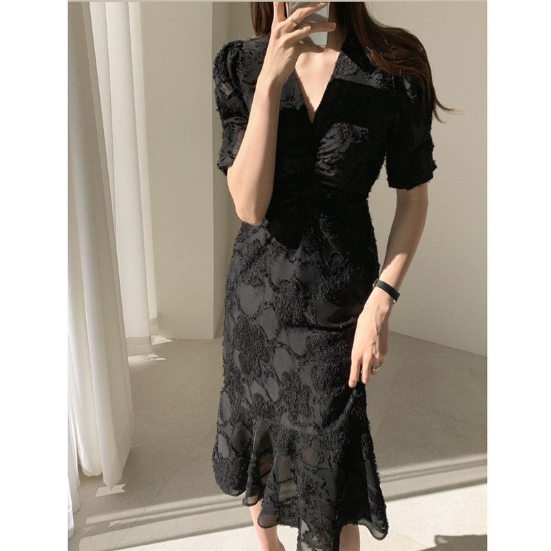 Alien Kitty Stylish VNeck Elegant WaistControlled Slimming Early Spring Plus Slender Ruffles ShortSleeved Long Dress 210401