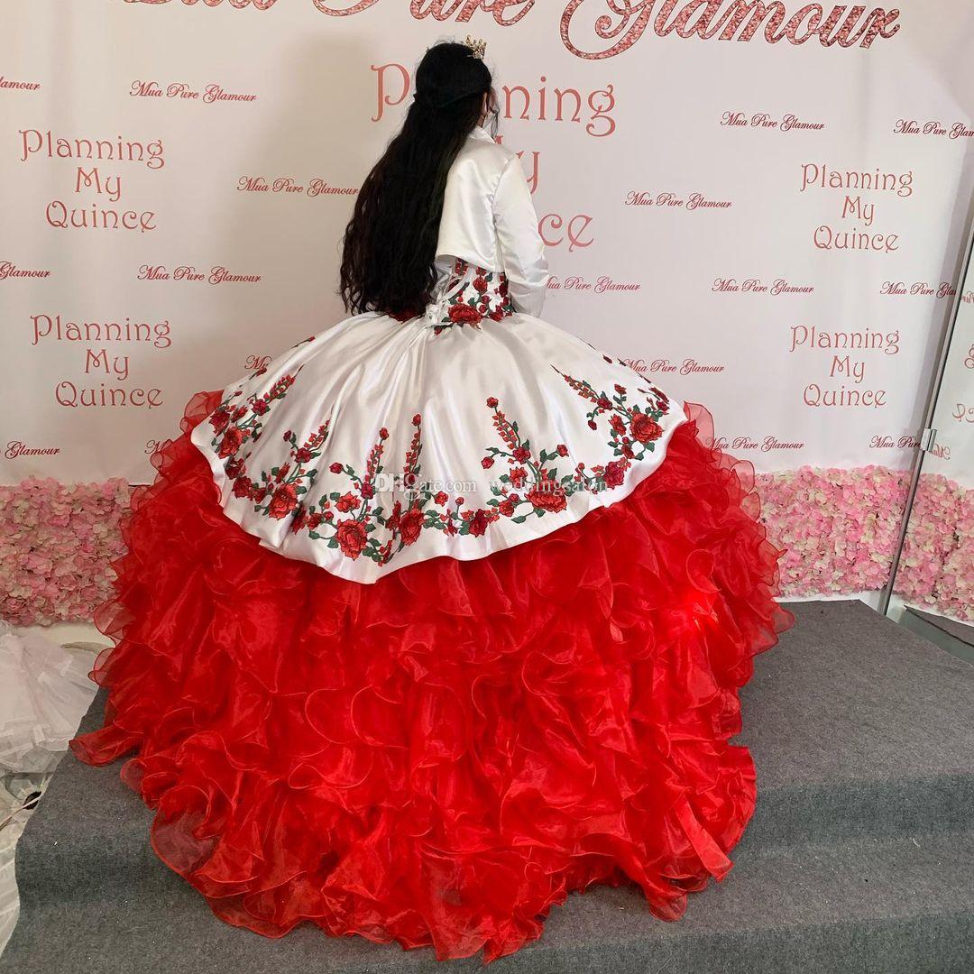 Red Ball Gown Quinceanera Dresses With Jacket sweetheart Sweet 16 Dress Cascading Ruffles skirt embroidery Satin Masquerade Gowns