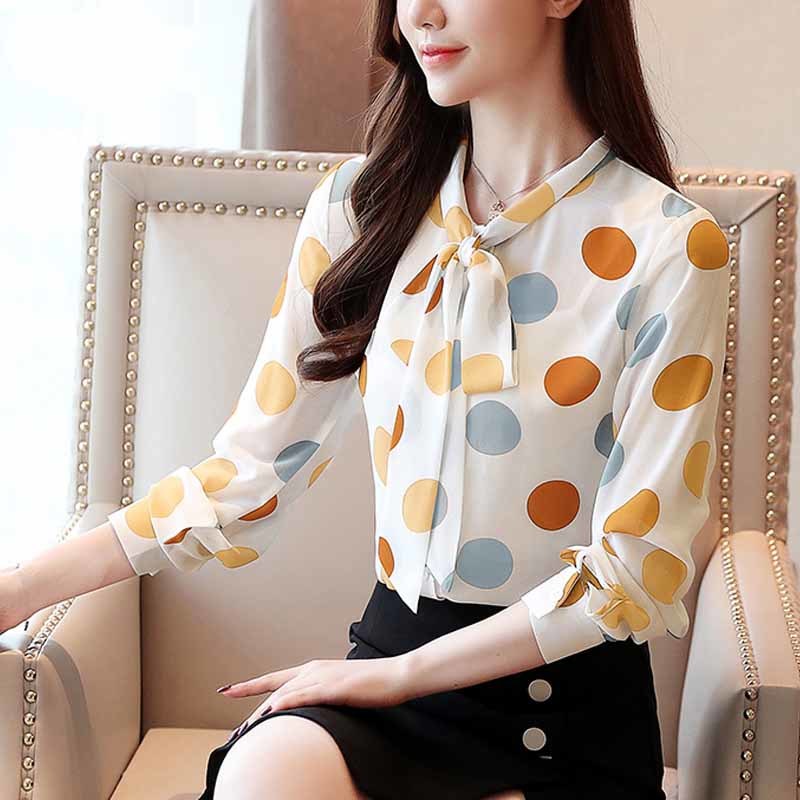 Spring Fashion Women Tops Carrot Color Sweet Dot Blouses Chiffon Long Sleeve Shirt Blusas Mujer De Moda Bow 8364 210518