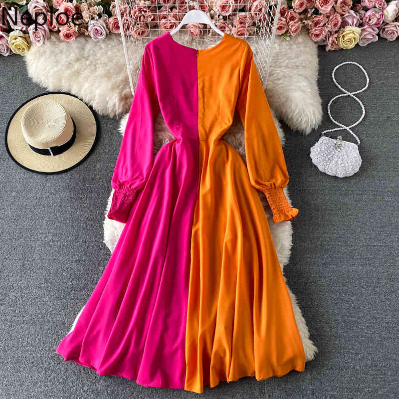 Neploe Maxi Dresses for Women Spring Robe Beach Style Slim Fit Elegant Vestidos Mujer Contrast Color Patchwork Dress 95013 210422