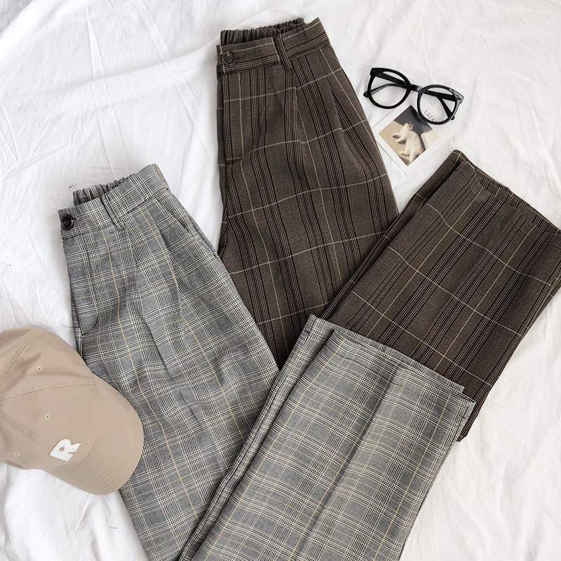 Casual Wide Leg Plaid Pants Women Elastic High Waist Full Length Checkered Loose Straight Trousers Modis 210519
