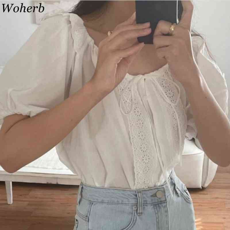 U-neck Shirts Women Short Puff Sleeve Lace Bandage Elegant Blouses Girls Sweet Ruffle White Blouse Korean Cute Summer Top 210519