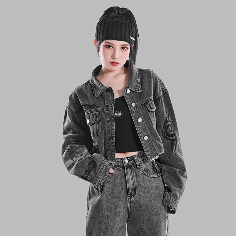 dark cyberpunk totem embroidery jacket women's spring lapel short large size wash old gray denim coat female 210427