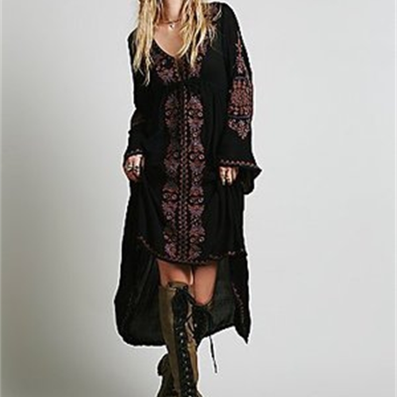 Women Vintage Ethnic Flower Embroidery Cotton Linen Tunic Casual Long Dress Hippie Boho People Asymmetric 210520