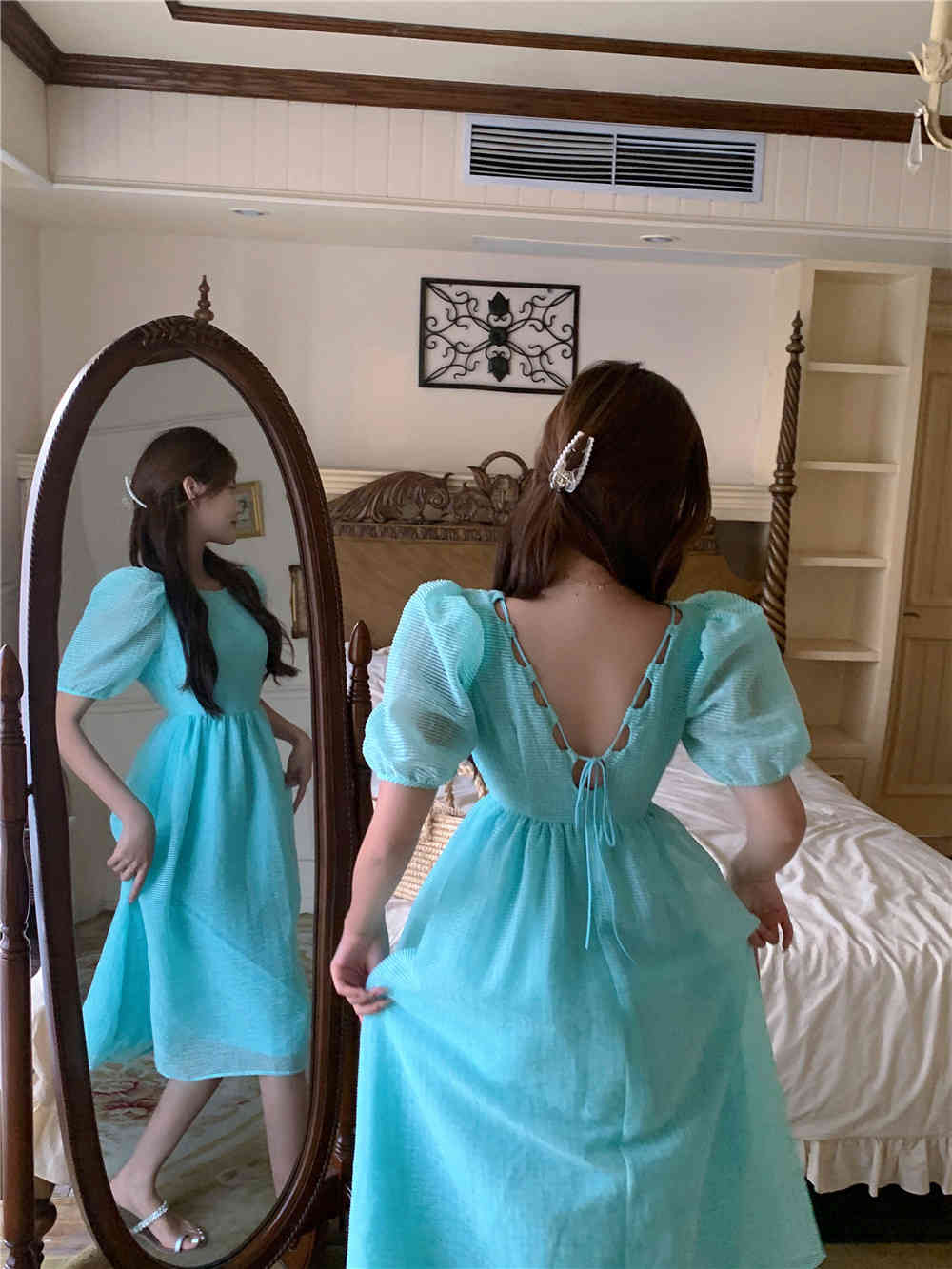 Summer Women Solid Puff Sleeve Korean Style Fairy Dress Sexy Backless Kawaii Elegant Vintage Party 210519