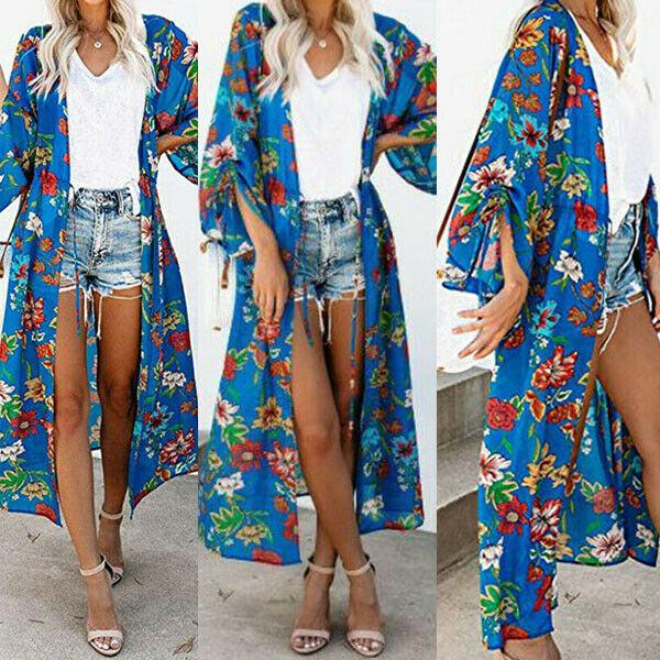 Summer Women Flower Kimono Beach Cardigan Bikini Cover Up Wrap Top Beachwear Long Dress Casual Dresses