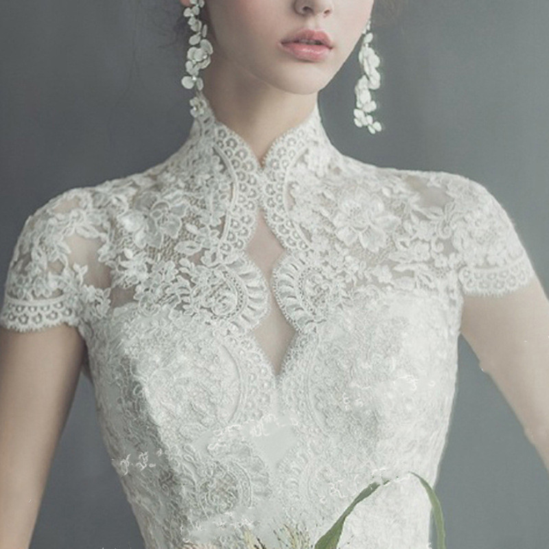 Vintage Wedding Dresses With High-neck Short-sleeves Applique Race Wedding Dress Custom Made With Vestidos De Novia