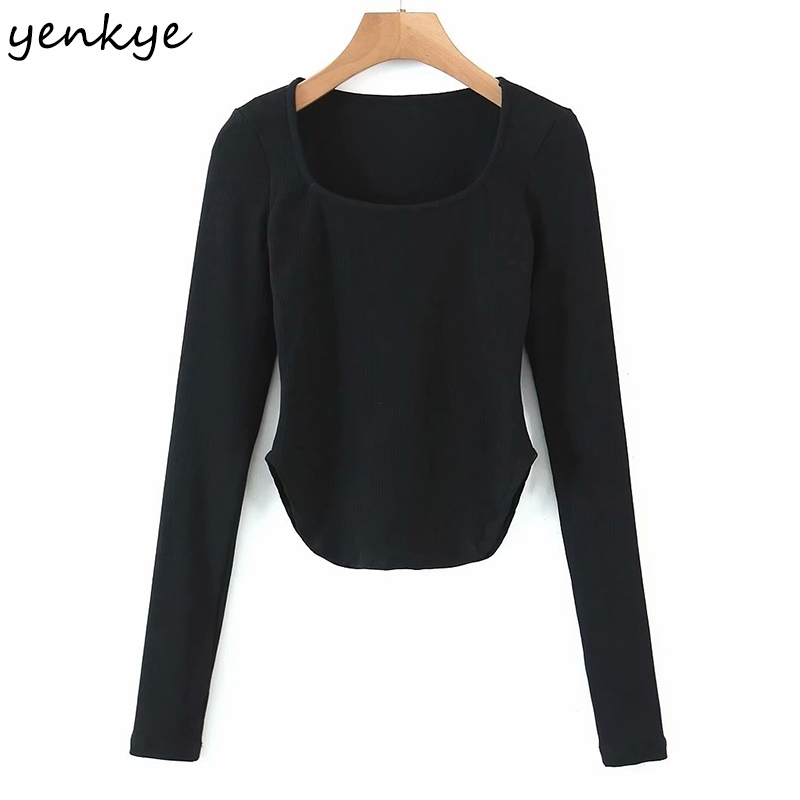 Irregular Hem Striped knitted T Shirt Women Vintage Solid Long Sleeve O Neck Sexy Tops Spring Fashion Top 210430