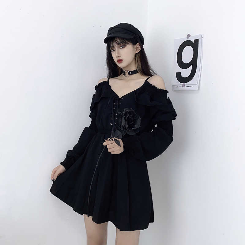Women dress demon girl original black spring and autumn sexy high waist femme dress shoulder long sleeve gothic dress A085 210630