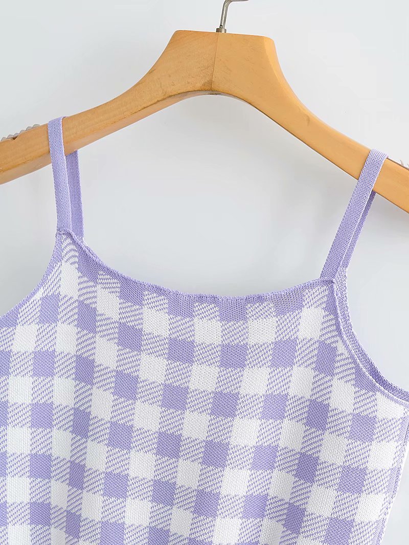 Small Fresh Word Collar Sleeveless Women Camisole Vintage Fashion Sweet Knitted Plaid Chic Female Tops 210507