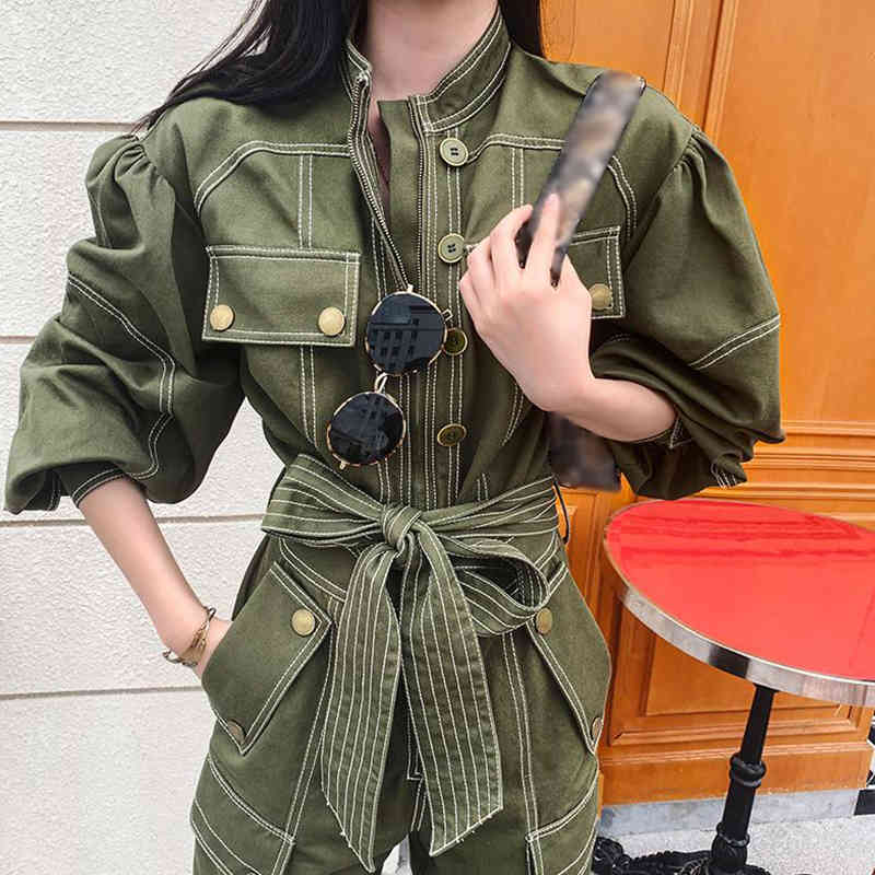 VGH Casual Patchwork Jumpsuit For Women Stand Collar Lantern Sleeve High Waist Lace Up Bowknot Jumpsuits Female Fashion New Fall 210421