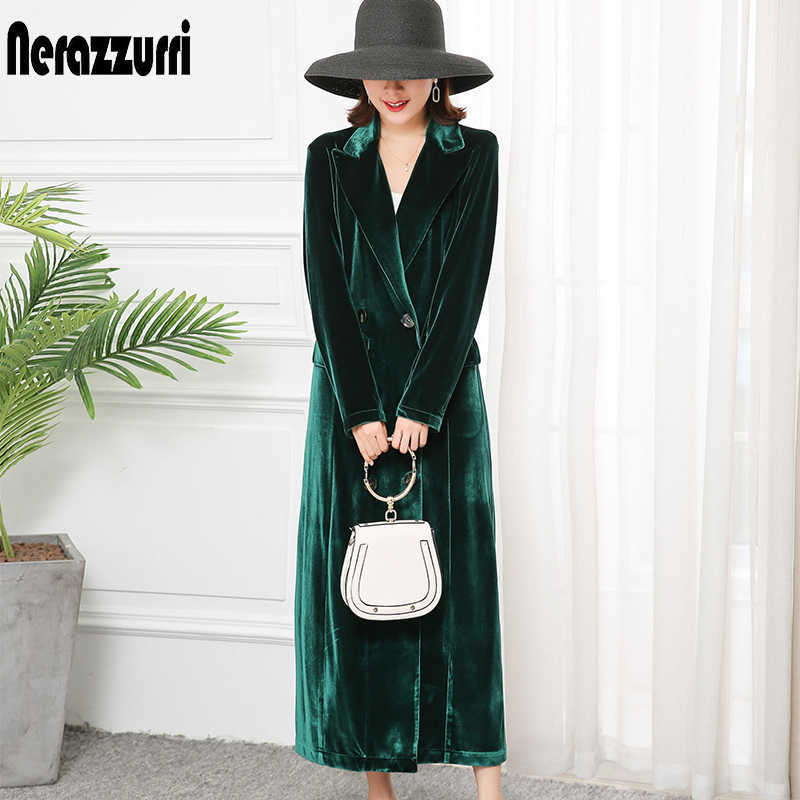 Nerazzurri High Quality Long Green Black Soft Velvet Trench Coat for Women Fall Peaked Lapel british style Overcoat 210820