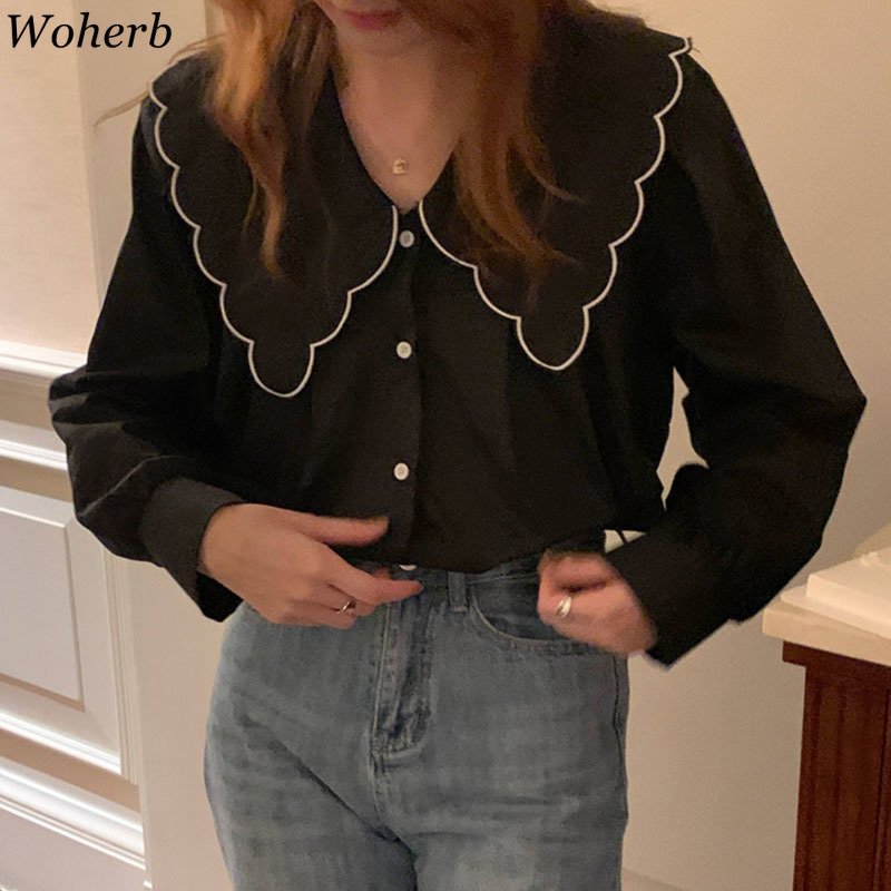 Korean Peter Pan Collar Blouse Women Long Sleeve Shirt Spring Summer Elegant Kawaii Chic Blusas De Mujer 210519
