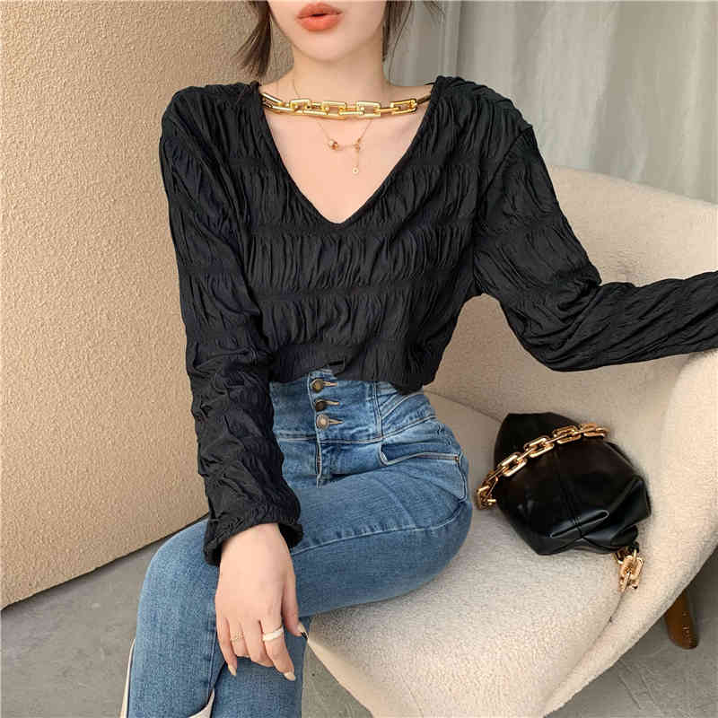 Korean Chic V-Neck Pleated Streetwear Gentle Loose Female Solid Basic All Match Brief Tops Arrival T-shirts 210421