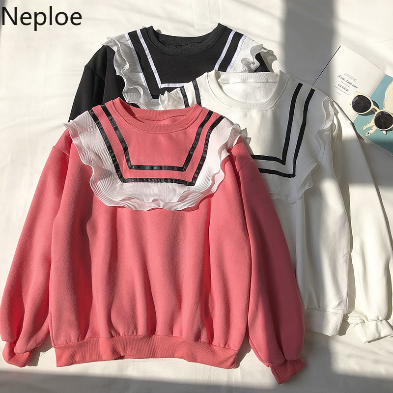 Neploe Sweet Ruffles Hoodies Women O-neck Long Sleeve Outwear Korean Fashion Loose Thicked Sweatshirt Coat Female 4G585 210422