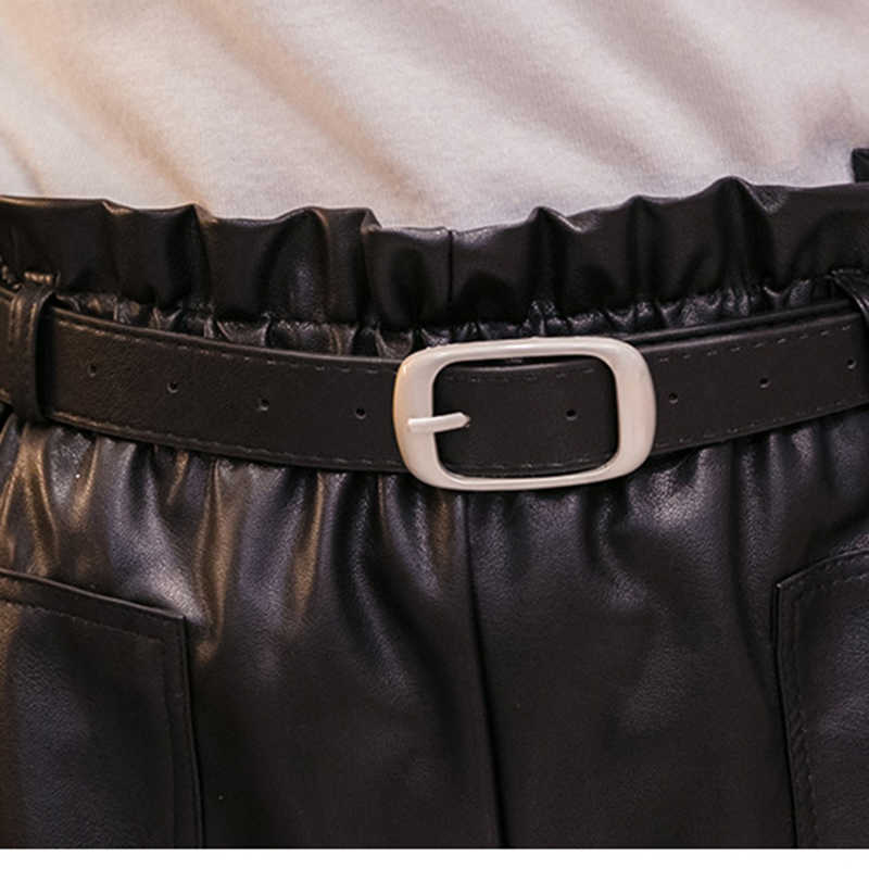 High Waist PU Leather Shorts Women Cool Punk Sashes Wide leg Shorts Spring Autumn Casual Loose Elastic Waist Leather Shorts 210611