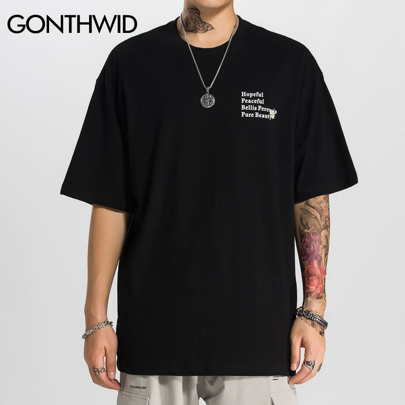 GONTHWID Harajuku Daisy Flower Print Tshirts Casual Streetwear Short Sleeve Tops Tees Men Hip Hop Fashion Summer T Shirts Male 210329