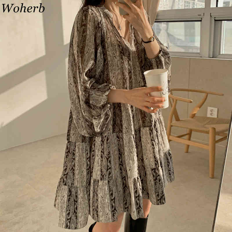 Vestidos Mujer Summer V Neck Printed Vintage Dress Indie Folk Lantern Sleeve Loose Korean Fashion Dresses Women 210519