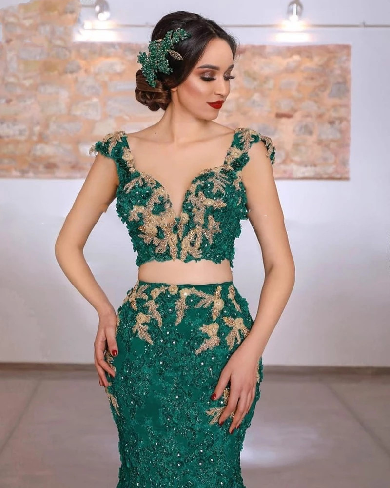 Arabic Two Pieces wedding dress with Detachable Train Lace Applique Green Mermaid bridal gowns Robe De Soirée De Mariage