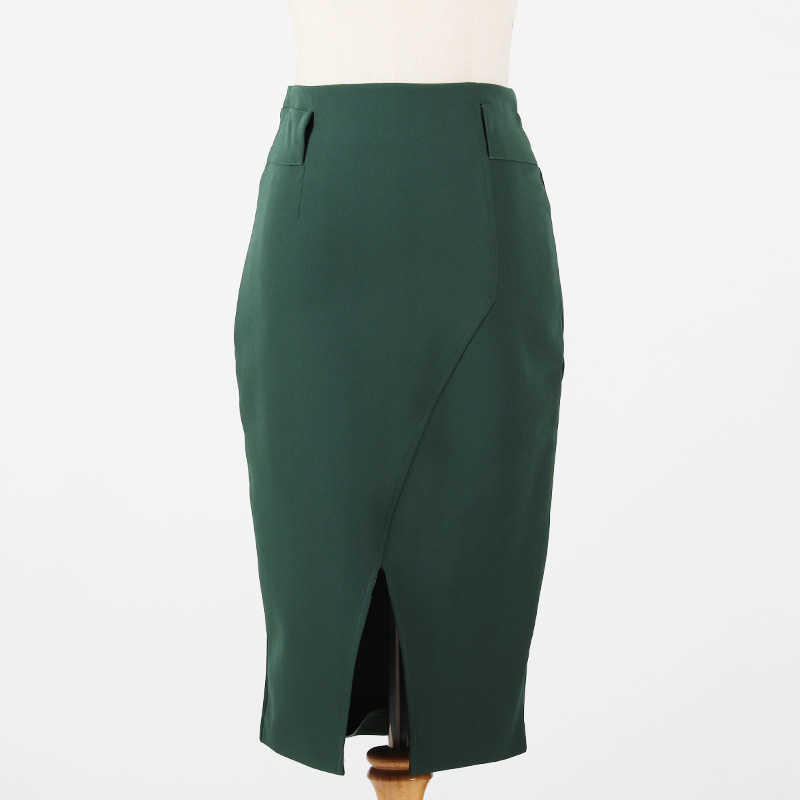 Green Pencil Skirt Women Elegant High Waist Front Split Bodycon Office Ladies Slim Package Hip Vintage Midi 210603