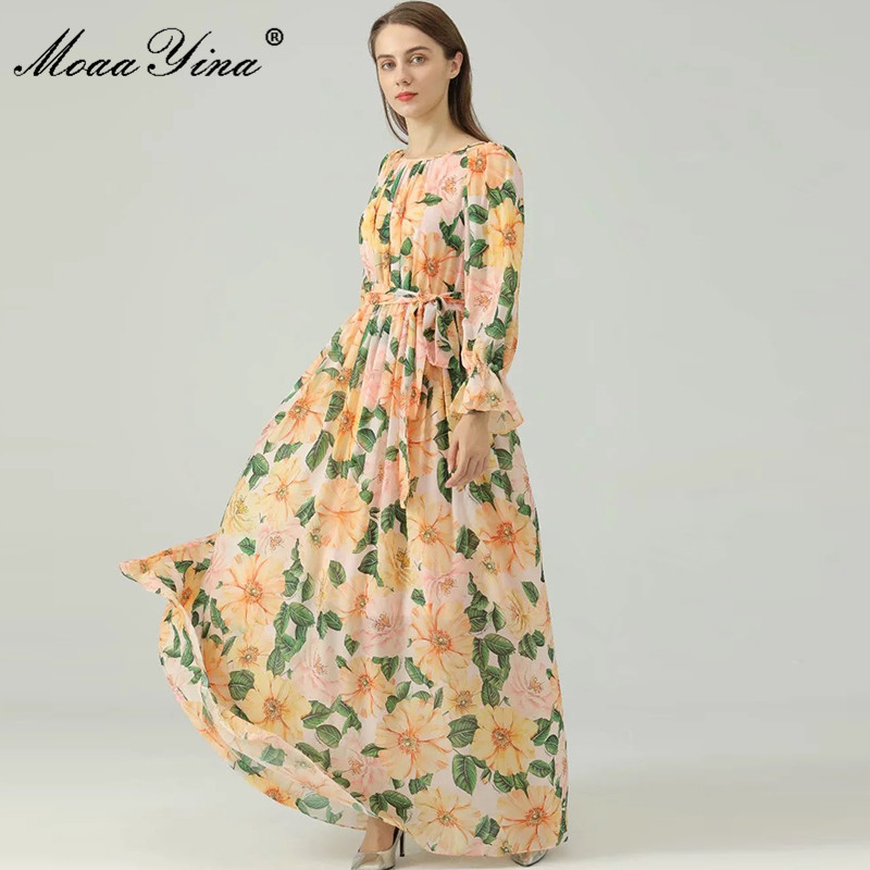 Bohemia Summer Runway Long chiffon Dresses Women sleeve Floral Print O-neck Vacation Maxi Dress 210524