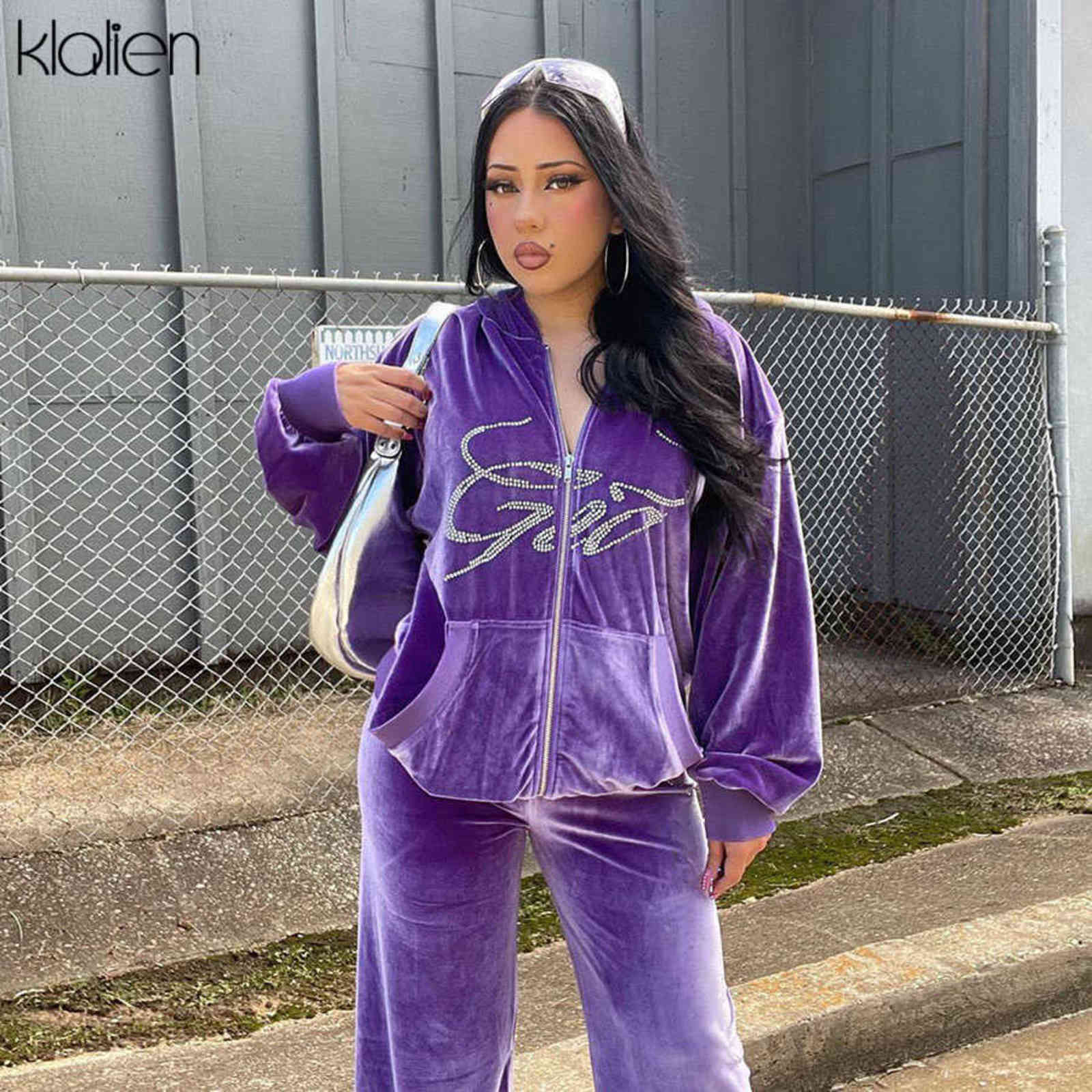KLALIEN Autumn Fashion Letter Diamond Hooded Zipper Coat and Wide Leg Pants Two Piece Set For Women Casual Loose Streetwear Suit 211116