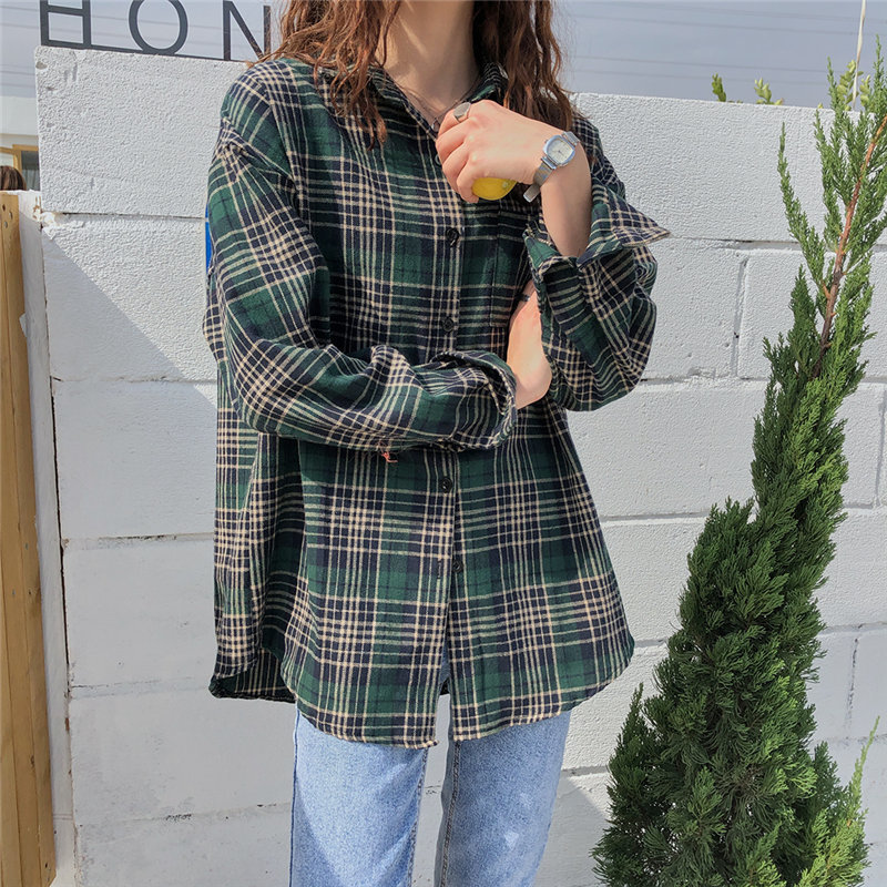 Japanese Plaid Leisure Geometric Large Size Tops Office Loose All Match Women Casual Blouses Long Sleeve Shirts 210421