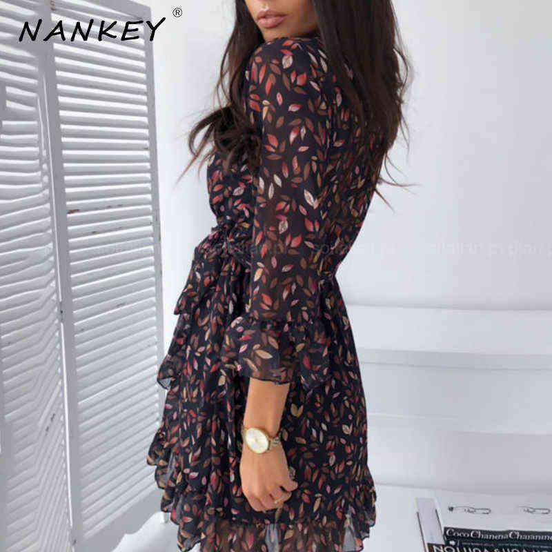 NANKEY Leaf Print 3/4 Sleeve Summer Dress For Women Casual Leopard V Neck Mini Dress Sashes Club Dress Female Party Vestidos 210630
