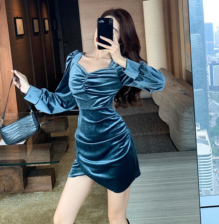 Fashion Velvet Sexy Club Mini Dress Women V-Neck Puff Sleeve High Waist Bodycon Vestidos Female 210519