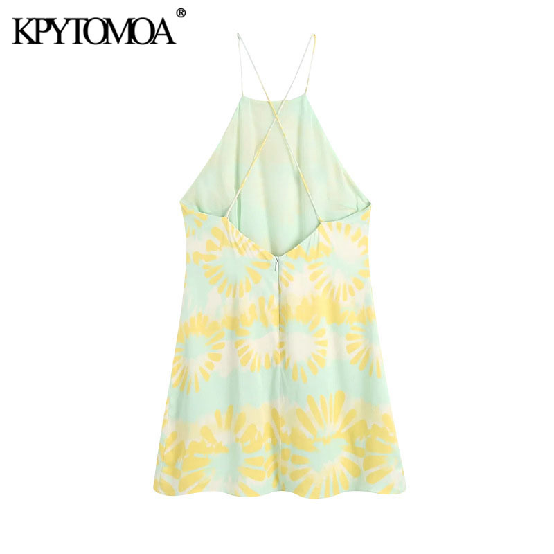 Women Chic Fashion Printed Halter Neck Mini Dress Backless Zipper Thin Straps Lining Female Dresses Mujer 210420