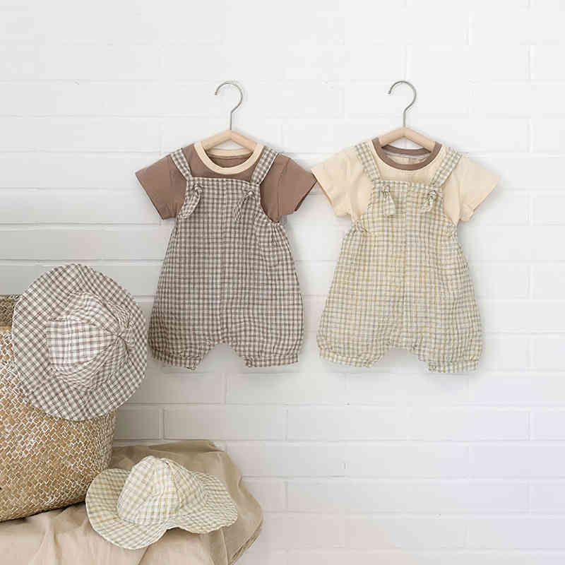 Summer Infant Boys Girls Clothes Set Korean Style Cotton T-shirt + Plaid Jumpsuit Hat born Baby Romper Clothing 210515