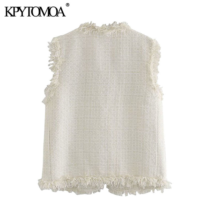 Women Fashion Frayed Tassel Tweed Waistcoat V Neck Sleeveless Female Vest Outerwear Chic Tops 210420