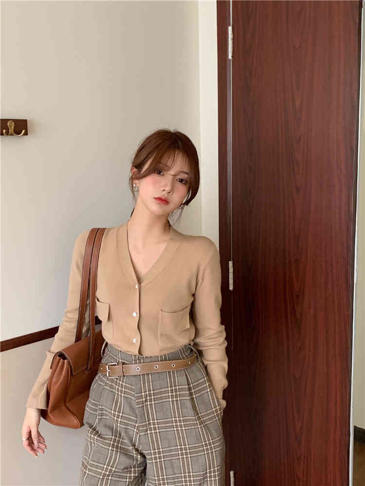 3 colors autumn korean style street Women v neck Cardigan Sweater coat Female Outwear long sleeve Knitted tops (R99443 210423