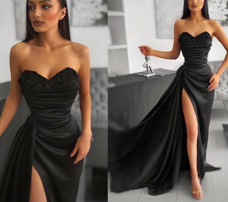 Black Mermaid Satin Evening Dress 2022 Sexy Long Sweetheart High Slit Lace Appliques Prom Formal Gown Celebrity Wear Robe De Soiree Vestidos Fiesta