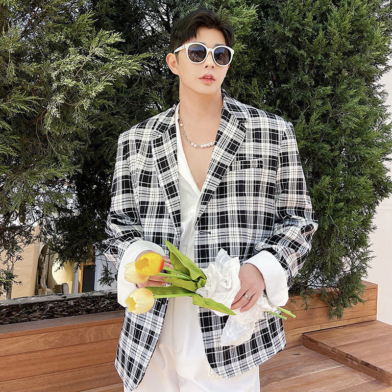 IEFB Spring Summer Korean Loose Vintage Black White Plaid Blazer Men's Temperament Lattice Notched Long Sleevc Suit 9Y7558 210524