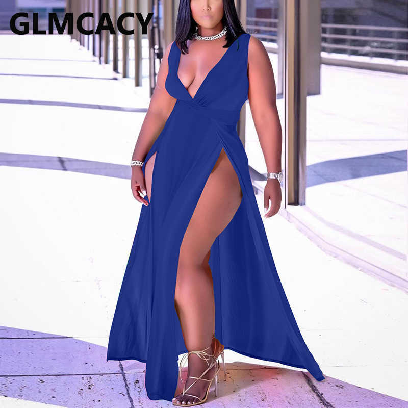 Sleeveless V Neck Maxi Dress Elegant Evening Party High Slit Dresses Vestidos 210702