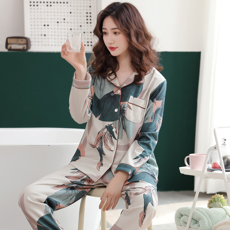 Spring Autumn Fashion Printed Women Pajamas 100% Cotton Homewear Suit Long Sleeve Plus Size Loose Home Clothes Female Sleepwear 210330