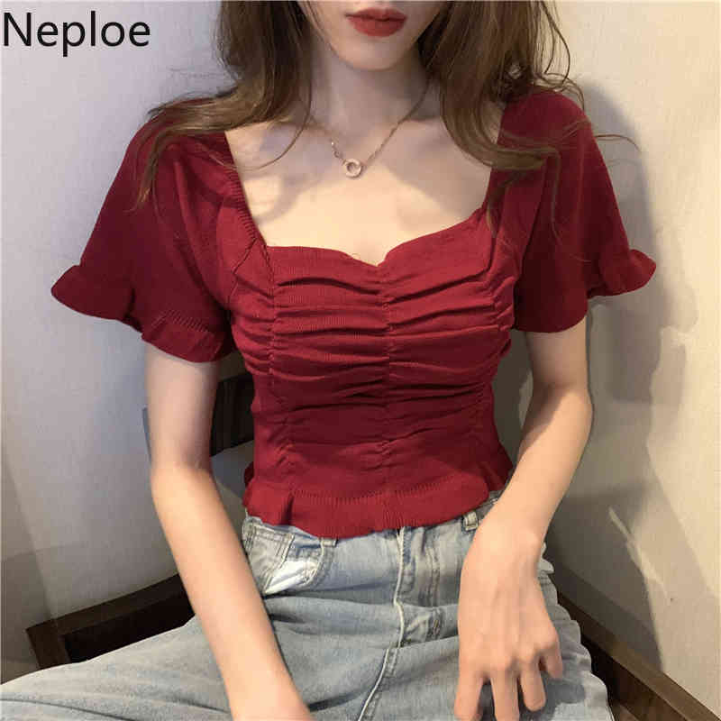 Neploe Shirts for Women High Waist Slim Crop Tops Square Collar Short Sleeve Knit Tshirts Sweet Ruffles Pleated White Tops Femme 210422