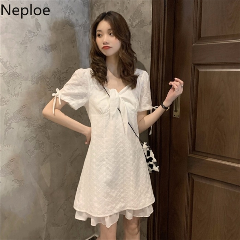 Neploe White Dresses for Women New Vintage Vestidos Female Korean Chic Robe Square Lace Up Bow Short Elegant Dress 95458 210422
