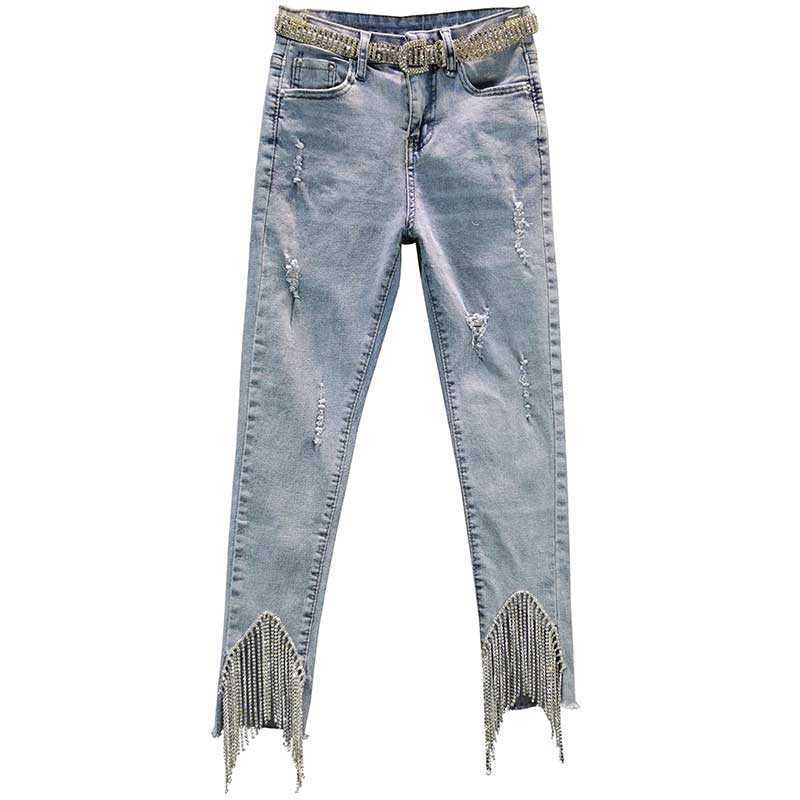 Spring Women's Cotton Elastic High Waist Irregular Tassel Denim Pants Hole Ripped Ankle Length Jeans 210708