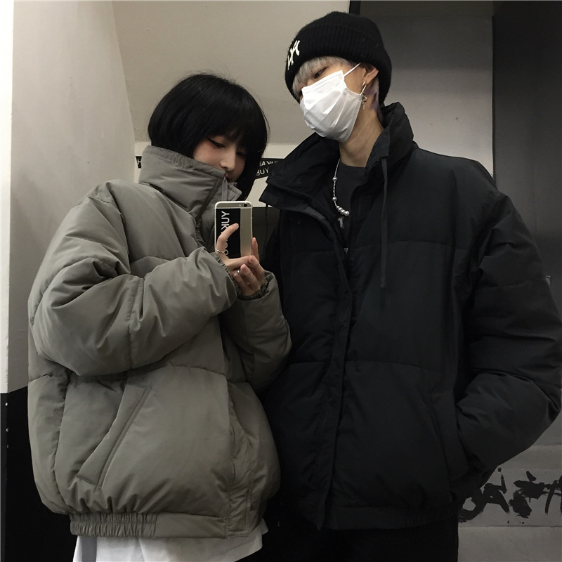 Winter Coat Korean Ins Harajuku Student Solid Color Thickened Loose High Collar Cotton Padded Jacket Men and Women Fashion 210422