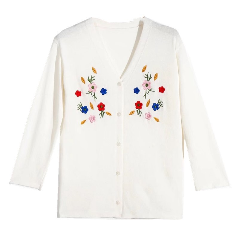 France Longe Sleeve White Emile Cardigans Floral Embroidered Women Sweater Vintage Single-breasted Buttons Knitted 210429