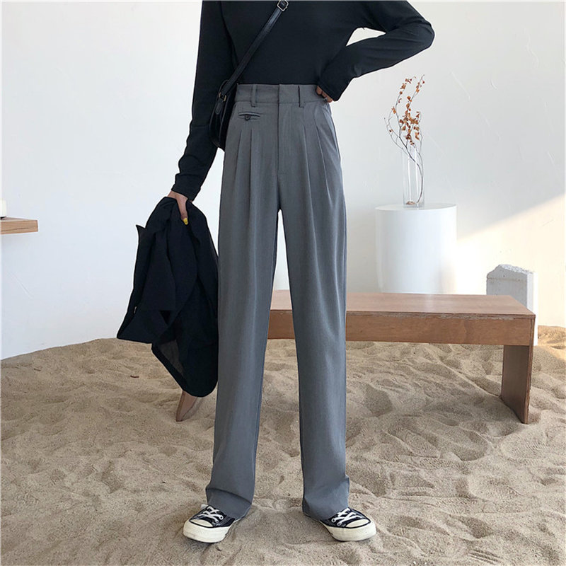 Large Size Full Length High Waist Slim Versatile Straight Korean Spring Retro Solid All Match Slender Pants 210421
