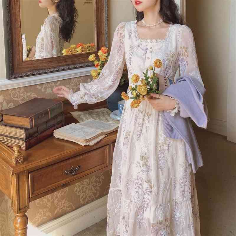 Evening Party Floral Dresses Women Lantern Sleeve Midi Elegant Vintage Dress Female Sweet Summer Dress Korean 210521